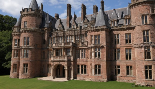 outdoors,sky,day,cloud,tree,blue sky,no humans,window,cloudy sky,grass,building,nature,scenery,fantasy,house,castle,architecture,tower,arch