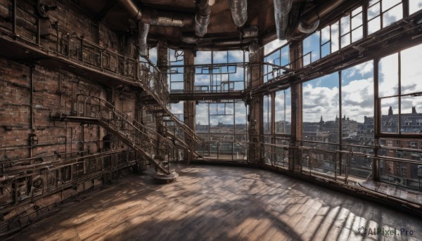 outdoors,sky,day,cloud,indoors,blue sky,no humans,window,sunlight,cloudy sky,building,scenery,wooden floor,stairs,city,railing,bookshelf,cityscape,architecture,bridge,ladder,skyscraper,ceiling