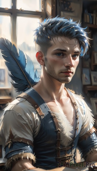 solo,looking at viewer,short hair,blue eyes,shirt,black hair,1boy,closed mouth,blue hair,collarbone,white shirt,upper body,short sleeves,male focus,day,indoors,blurry,lips,book,fur trim,window,blurry background,facial hair,scar,sunlight,feathers,beard,scar on face,realistic,nose,stubble,bookshelf,quill,holding,artist name,undercut,chest hair,blue feathers