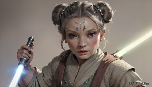 1girl,solo,looking at viewer,short hair,simple background,hair ornament,holding,jewelry,closed mouth,upper body,weapon,grey hair,earrings,sword,necklace,hair bun,holding weapon,black eyes,lips,grey eyes,eyelashes,double bun,glowing,holding sword,knife,gem,freckles,robe,circlet,glint,realistic,nose,glowing weapon,energy sword,lightsaber,black hair,chinese clothes,portrait,science fiction