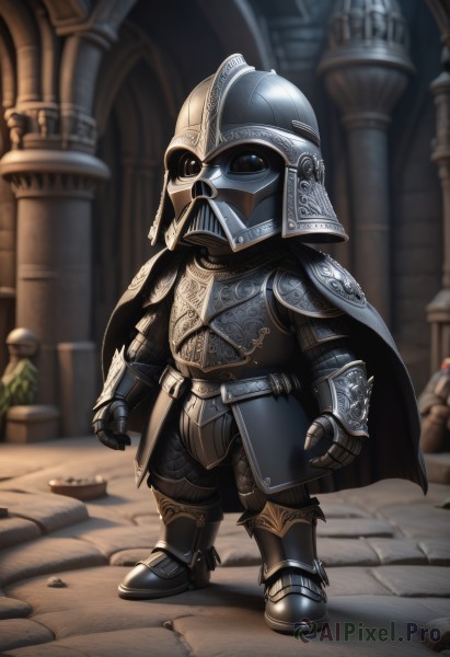 solo,1boy,standing,full body,male focus,boots,chibi,cape,armor,blurry,blurry background,helmet,shoulder armor,gauntlets,1other,pauldrons,breastplate,arms at sides,armored boots,greaves,multiple others,pillar,knight,full armor,ambiguous gender,helm,chainmail,outdoors,plant,fantasy,potted plant,ruins,statue,arch,column,plate armor