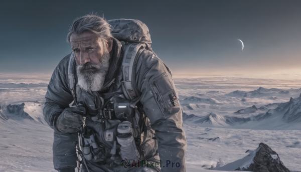 solo,gloves,1boy,jacket,grey hair,male focus,outdoors,sky,black gloves,bag,uniform,military,military uniform,night,facial hair,scar,moon,backpack,helmet,beard,scar on face,snow,headwear removed,mountain,old,crescent moon,old man,mountainous horizon,binoculars,tactical clothes,short hair,long sleeves,upper body,white hair,bottle,scenery,realistic,mustache,sunrise,wrinkled skin