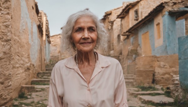 1girl,solo,looking at viewer,smile,short hair,blue eyes,shirt,closed mouth,white shirt,upper body,white hair,grey hair,outdoors,day,collared shirt,medium hair,lips,buttons,building,realistic,old,old woman,wrinkled skin,1boy,jewelry,male focus,sky,necklace,dress shirt,facial hair,scar,beard,house,old man