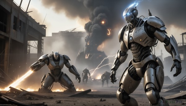 HQ,standing,weapon,multiple boys,signature,armor,gun,military,no humans,glowing,fire,robot,building,mecha,glowing eyes,smoke,science fiction,city,realistic,military vehicle,electricity,battle,cable,arm cannon,explosion,ruins,damaged,lightning,power armor,soldier,dust,destruction,sparks,arm blade,sky,sword,cloud,cloudy sky,firing,debris,kaijuu