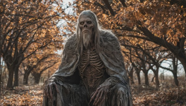 solo,long hair,looking at viewer,1boy,sitting,white hair,male focus,outdoors,day,cape,blurry,tree,fur trim,facial hair,leaf,nature,cloak,beard,forest,autumn leaves,old,skeleton,old man,autumn,closed mouth,1other,skull