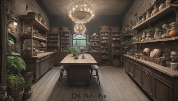 food,day,indoors,cup,book,no humans,window,chair,table,bottle,plant,scenery,plate,wooden floor,bookshelf,basket,potted plant,lamp,stool,shelf,jar,ceiling,light bulb,counter,barrel,ceiling light,cabinet,chandelier,wooden table,light