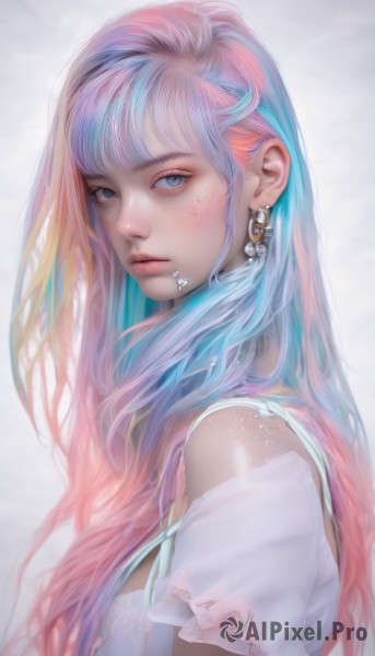 1girl,solo,long hair,looking at viewer,bangs,blue eyes,simple background,shirt,white background,jewelry,closed mouth,blue hair,white shirt,upper body,pink hair,multicolored hair,earrings,from side,two-tone hair,lips,gradient hair,makeup,piercing,ear piercing,realistic,nose,lip piercing,bare shoulders,short sleeves,parted lips,artist name,blunt bangs,looking to the side,eyelashes,tattoo,watermark,facial mark,freckles