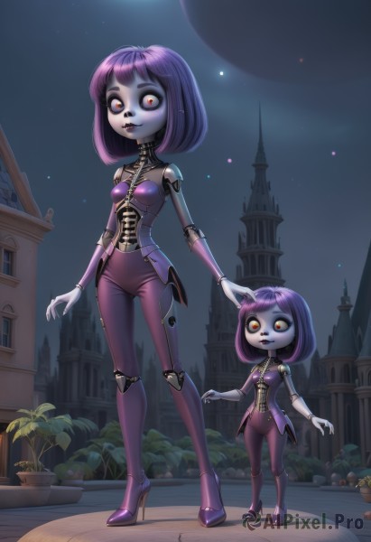 1girl,breasts,looking at viewer,short hair,bangs,multiple girls,red eyes,2girls,standing,full body,purple hair,small breasts,outdoors,parted lips,horns,sky,artist name,high heels,makeup,night,colored skin,moon,bob cut,plant,robot,building,star (sky),night sky,corset,single horn,full moon,dual persona,wide-eyed,multicolored eyes,android,potted plant,joints,purple footwear,doll joints,castle,robot joints,flower pot,fewer digits,smile,yellow eyes,teeth,tree,orange eyes,hand on another's head,headpat,mushroom