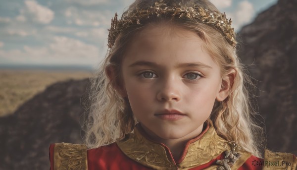 1girl,solo,long hair,looking at viewer,blue eyes,blonde hair,jewelry,closed mouth,earrings,outdoors,wings,sky,day,cloud,blurry,blue sky,lips,grey eyes,depth of field,blurry background,expressionless,crown,portrait,forehead,freckles,realistic,head wreath,brown eyes,cloudy sky,close-up