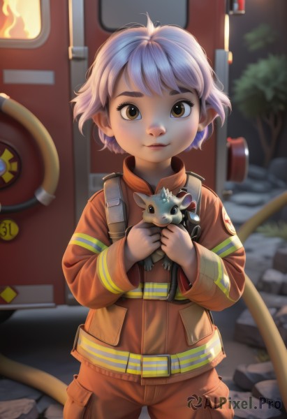 1girl,solo,looking at viewer,short hair,bangs,long sleeves,holding,brown eyes,closed mouth,standing,jacket,purple hair,white hair,cowboy shot,outdoors,belt,blurry,lips,blurry background,animal,thick eyebrows,fire,ground vehicle,child,androgynous,holding animal,jumpsuit,orange jacket,holding cat,orange pants,pants,bag,rock,realistic