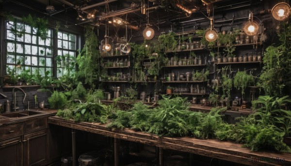 day,indoors,tree,cup,no humans,window,chair,table,sunlight,bottle,plant,scenery,drinking glass,glass,potted plant,lamp,vines,stool,shelf,ceiling,bar (place),counter,ceiling light,overgrown,book,desk,bookshelf,chandelier