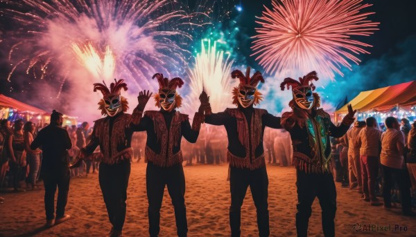 smile,open mouth,male focus,outdoors,multiple boys,horns,sky,pants,grin,mask,night,night sky,6+boys,fireworks,crowd,festival,aerial fireworks,blonde hair,gloves