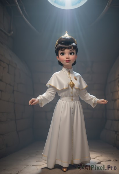 1girl,solo,looking at viewer,smile,short hair,bangs,black hair,long sleeves,hat,dress,brown eyes,jewelry,standing,full body,earrings,parted lips,shoes,indoors,white dress,black eyes,lips,capelet,crown,child,red lips,female child,white capelet,planet,hair bun,long dress