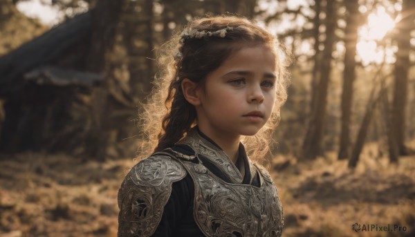 1girl,solo,long hair,brown hair,black hair,brown eyes,closed mouth,upper body,braid,outdoors,armor,blurry,tree,lips,depth of field,blurry background,looking away,shoulder armor,portrait,veil,freckles,breastplate,realistic,nose,chainmail,sunlight