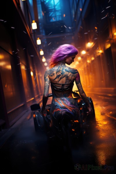 1girl,solo,long hair,short hair,jewelry,sitting,pink hair,purple hair,ass,earrings,looking back,dark skin,from behind,blurry,dark-skinned female,tattoo,makeup,night,back,ground vehicle,motor vehicle,lantern,arm tattoo,motorcycle,cyberpunk,back tattoo,gloves,bare shoulders,closed mouth,closed eyes,outdoors,black gloves,pants,fingerless gloves,medium hair,lips,profile,depth of field,blurry background,lipstick,web address,rain,nose,car,light,road,lamppost,street,lights,neon lights