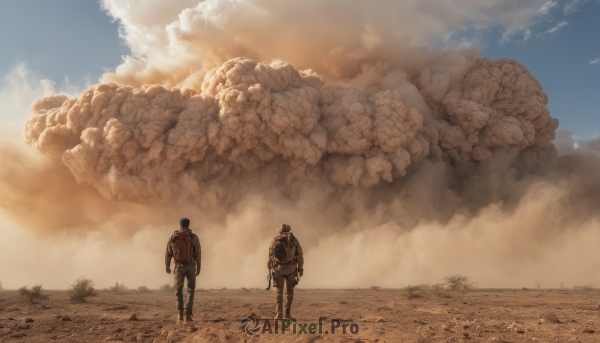 short hair,standing,jacket,weapon,male focus,boots,outdoors,multiple boys,sky,day,pants,cloud,2boys,from behind,uniform,gun,military,military uniform,cloudy sky,scenery,smoke,walking,science fiction,facing away,sepia,desert,dust,bag,blue sky,backpack,helmet,sand,size difference