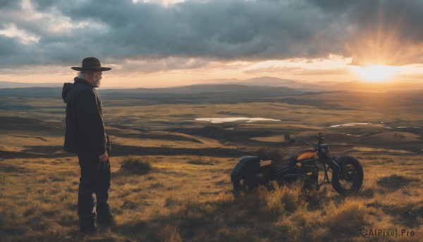 1girl,solo,short hair,long sleeves,1boy,hat,holding,standing,jacket,grey hair,male focus,outdoors,sky,pants,cloud,hood,black footwear,black jacket,hoodie,black pants,hood down,cloudy sky,grass,ground vehicle,scenery,hooded jacket,motor vehicle,sunset,cigarette,horizon,smoking,field,wide shot,motorcycle,water,from behind,facial hair,ocean,sunlight,sun