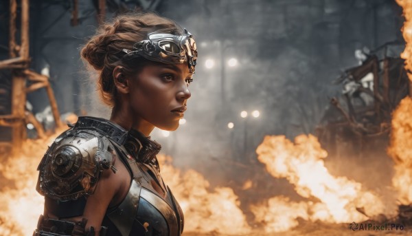 1girl,solo,breasts,short hair,brown hair,brown eyes,upper body,solo focus,dark skin,armor,blurry,from side,dark-skinned female,lips,blurry background,fire,goggles,shoulder armor,smoke,science fiction,goggles on head,realistic,nose,steampunk,blonde hair,medium breasts,braid,hair bun,pauldrons,dust,gorget