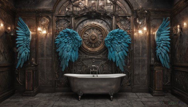 wings,indoors,water,no humans,window,scenery,feathered wings,fantasy,door,clock,tiles,candle,bath,tile floor,bathroom,bathtub,tile wall,blue wings,candlestand,chandelier,fire,mirror,stairs,sink,faucet