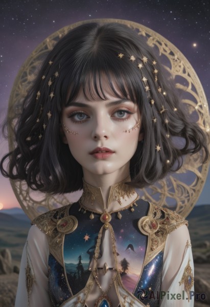 1girl,solo,looking at viewer,short hair,bangs,blue eyes,black hair,hair ornament,dress,jewelry,upper body,outdoors,parted lips,sky,artist name,medium hair,necklace,star (symbol),blurry,lips,see-through,grey eyes,eyelashes,makeup,night,blurry background,watermark,moon,ring,own hands together,gem,star (sky),night sky,starry sky,gold trim,mountain,realistic,nose,red lips,straight-on,mascara,constellation,teeth,portrait