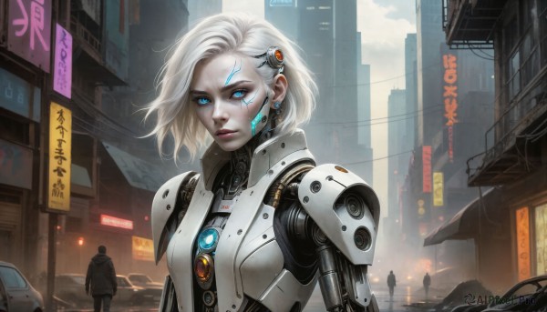 HQ,1girl,looking at viewer,short hair,blue eyes,hair ornament,1boy,jewelry,standing,jacket,upper body,white hair,earrings,outdoors,parted lips,multiple boys,solo focus,artist name,signature,armor,lips,coat,bodysuit,makeup,glowing,facial mark,robot,ground vehicle,building,glowing eyes,motor vehicle,science fiction,asymmetrical hair,city,sign,realistic,nose,android,car,stud earrings,road,eyeliner,cable,mechanical arms,facial tattoo,cyborg,robot joints,power armor,neon trim,cyberpunk,hologram,sky,hairclip,wind,eyeshadow,rain,cityscape,street,neon lights