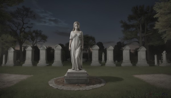 1girl,solo,long hair,breasts,blonde hair,dress,standing,outdoors,sky,cloud,white dress,tree,night,grass,star (sky),night sky,scenery,statue,tombstone,graveyard,brown hair,pale skin,wide shot,path