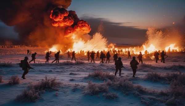 short hair,multiple girls,holding,weapon,outdoors,multiple boys,sky,sword,water,holding weapon,uniform,gun,military,military uniform,ocean,6+girls,fire,rifle,smoke,6+boys,running,bow (weapon),arrow (projectile),battle,explosion,world war ii,soldier,burning,war,bayonet,army,hat,bag,backpack,grass,ground vehicle,scenery,motor vehicle,walking,rock,silhouette,military vehicle,assault rifle,tank,submachine gun