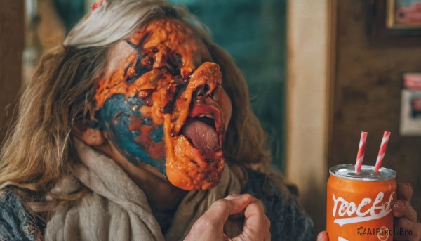 solo,long hair,open mouth,blonde hair,1boy,hat,holding,male focus,food,teeth,tongue,indoors,blurry,blurry background,monster,drinking straw,realistic,drink,can,1girl,depth of field,facial hair,crying,portrait,1other,old,holding can,painting (object),soda can,product placement,coca-cola,soda