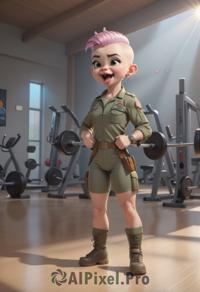 1girl,solo,breasts,smile,short hair,open mouth,shirt,brown eyes,jewelry,green eyes,standing,collarbone,full body,pink hair,earrings,boots,shorts,teeth,tongue,socks,belt,artist name,indoors,tongue out,uniform,black eyes,military,military uniform,shadow,upper teeth only,brown footwear,piercing,thick eyebrows,bike shorts,ear piercing,cross-laced footwear,pocket,watch,pouch,wristwatch,breast pocket,holster,very short hair,undercut,belt pouch,green shorts,tomboy,exercise,buck teeth,combat boots,green socks,looking at viewer,makeup,asymmetrical hair,mohawk