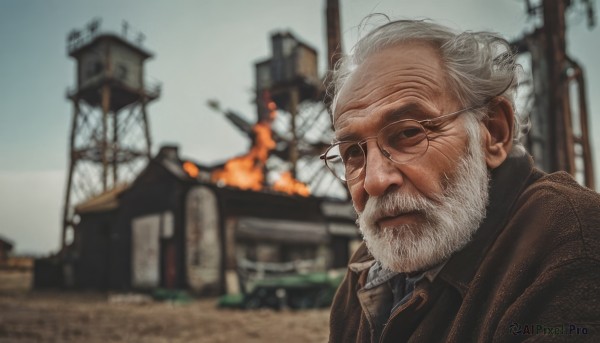 solo,1boy,closed mouth,jacket,upper body,white hair,grey hair,male focus,outdoors,glasses,blurry,coat,depth of field,blurry background,facial hair,parody,fire,building,beard,smoke,brown jacket,realistic,mustache,manly,old,brown coat,old man,photo background,looking at viewer,sky,day,portrait,round eyewear,house