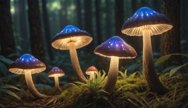 outdoors,blurry,tree,no humans,night,depth of field,blurry background,grass,plant,nature,scenery,forest,mushroom,day,sunlight,realistic,moss