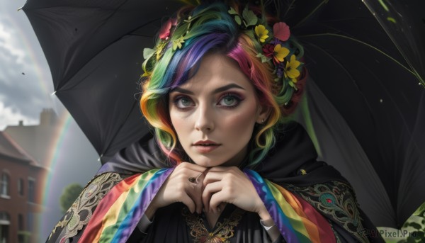 1girl,solo,looking at viewer,short hair,bangs,hair ornament,long sleeves,holding,jewelry,closed mouth,green eyes,blue hair,upper body,pink hair,purple hair,flower,multicolored hair,outdoors,parted lips,green hair,sky,day,artist name,cloud,hair flower,wide sleeves,blurry,bracelet,two-tone hair,lips,eyelashes,makeup,leaf,umbrella,watermark,ring,cloudy sky,own hands together,lipstick,building,web address,cloak,eyeshadow,freckles,rain,holding umbrella,realistic,nose,red lips,head wreath,rainbow,mascara,rainbow hair,kujo jolyne,black hair,earrings,hair bun,portrait