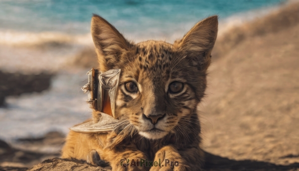 solo,looking at viewer,closed mouth,weapon,outdoors,sky,day,sword,blurry,black eyes,no humans,depth of field,blurry background,animal,cat,realistic,animal focus,whiskers,desert,cloud,cloudy sky,scenery,sand,axe