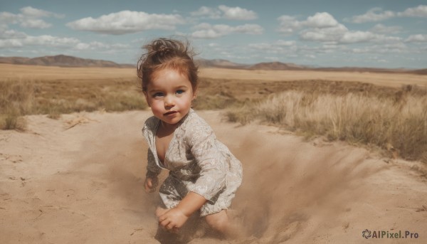 1girl,solo,breasts,looking at viewer,short hair,blue eyes,brown hair,cleavage,outdoors,sky,barefoot,day,cloud,blue sky,kneeling,child,realistic,sand,field,dirty,desert,dirty feet,no humans,grass,scenery,dougi