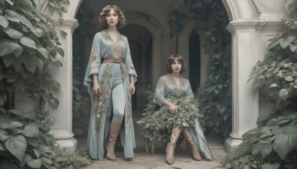 looking at viewer,short hair,multiple girls,brown hair,shirt,black hair,hair ornament,long sleeves,dress,holding,2girls,brown eyes,sitting,closed mouth,standing,full body,braid,flower,boots,belt,pants,white dress,black eyes,leaf,brown footwear,floral print,knee boots,plant,curly hair,white pants,pillar,arch,column,stone floor,ivy,breasts,hair flower,lips,siblings,crossed legs,sisters