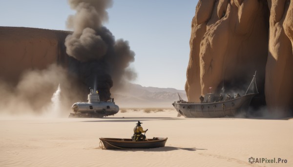 1boy,hat,weapon,outdoors,multiple boys,sky,day,cloud,military,scenery,smoke,mountain,sand,military vehicle,watercraft,ship,boat,desert,dust,warship,water,blue sky,ocean,beach,fire,6+boys,multiple others,6+others