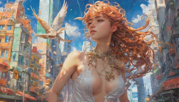 1girl,solo,long hair,breasts,blue eyes,brown hair,dress,cleavage,bare shoulders,jewelry,medium breasts,upper body,outdoors,sky,sleeveless,day,cloud,necklace,white dress,orange hair,blue sky,lips,see-through,looking to the side,no bra,floating hair,bird,watermark,looking away,sunlight,ground vehicle,wind,building,scenery,breasts apart,motor vehicle,freckles,city,sign,realistic,nose,fantasy,cityscape,looking afar,seagull,dove,blonde hair,large breasts,parted lips,artist name,signature,covered nipples,dated,sleeveless dress,curly hair