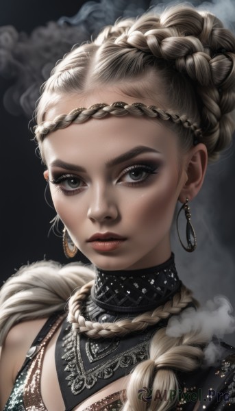 1girl,solo,long hair,breasts,looking at viewer,blonde hair,simple background,brown hair,dress,cleavage,brown eyes,jewelry,closed mouth,upper body,braid,earrings,artist name,necklace,black eyes,lips,grey eyes,eyelashes,makeup,portrait,smoke,hoop earrings,realistic,nose,red lips,braided bangs,mascara,hair bun,lipstick,forehead,eyeshadow,eyeliner,crown braid