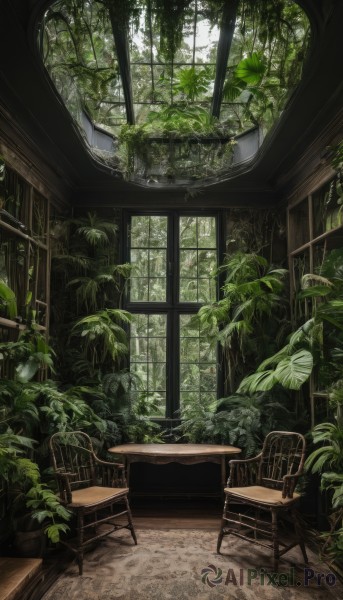 day,indoors,tree,no humans,window,leaf,chair,table,sunlight,plant,nature,scenery,wooden floor,potted plant,overgrown,green theme