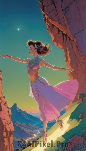 1girl,solo,breasts,blush,skirt,brown hair,hair ornament,dress,jewelry,full body,closed eyes,flower,outdoors,sky,high heels,bracelet,see-through,night,sandals,grass,outstretched arms,star (sky),armlet,rock,mountain,dancing,desert,long hair,black hair,bare shoulders,standing,earrings,small breasts,sleeveless,medium hair,leotard,tree,lips,makeup,floating hair,moon,night sky,starry sky,sunset,long skirt,crescent moon,mountainous horizon,cliff,see-through skirt,gold footwear