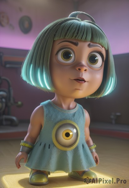 1girl,solo,looking at viewer,smile,short hair,open mouth,bangs,dress,brown eyes,jewelry,standing,full body,yellow eyes,ahoge,parted lips,green hair,shoes,sleeveless,indoors,blunt bangs,blurry,flat chest,bracelet,lips,sleeveless dress,blurry background,blue dress,bob cut,wristband,child,freckles,arms at sides,female child,yellow footwear,bowl cut,green eyes,nail polish,realistic