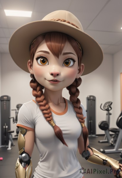 1girl,solo,long hair,breasts,looking at viewer,blush,smile,bangs,brown hair,shirt,hat,twintails,brown eyes,medium breasts,collarbone,white shirt,upper body,braid,short sleeves,small breasts,parted lips,artist name,indoors,blurry,twin braids,lips,blurry background,piercing,thick eyebrows,t-shirt,hair over shoulder,freckles,sun hat,brown headwear,joints,mechanical arms,cyborg,single mechanical arm,prosthesis,prosthetic arm,shorts,depth of field,gym uniform,gym shirt,robot joints,gym