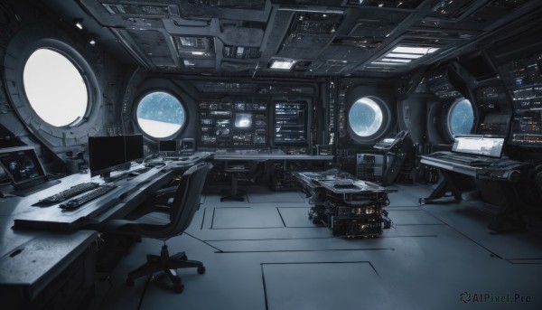 indoors,no humans,window,chair,scenery,desk,science fiction,cable,space,computer,monitor,keyboard (computer),machinery,realistic,planet,earth (planet),spacecraft,concept art,cockpit,office,screen