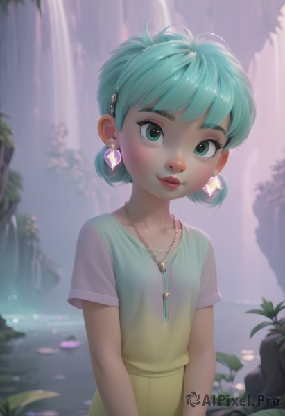 1girl,solo,looking at viewer,blush,smile,short hair,bangs,skirt,shirt,hair ornament,dress,jewelry,closed mouth,green eyes,blue hair,collarbone,upper body,short sleeves,earrings,outdoors,green hair,shiny,artist name,signature,water,necklace,blurry,flat chest,aqua eyes,lips,eyelashes,aqua hair,watermark,plant,gem,child,nature,web address,freckles,nose,female child,waterfall,makeup,leaf