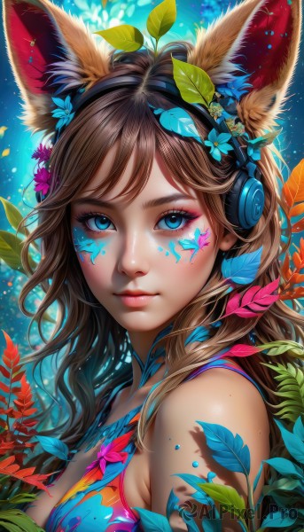 1girl,solo,long hair,breasts,looking at viewer,bangs,blue eyes,brown hair,hair ornament,animal ears,cleavage,bare shoulders,medium breasts,closed mouth,upper body,flower,shiny,artist name,hair flower,star (symbol),from side,lips,fox ears,eyelashes,tattoo,makeup,headphones,leaf,watermark,facial mark,plant,lipstick,portrait,light particles,eyeshadow,freckles,pink lips,nose,red lips,eyeliner,whisker markings,facepaint,colorful,mascara,sleeveless,signature,blue background,wavy hair,floral print,web address,blue flower