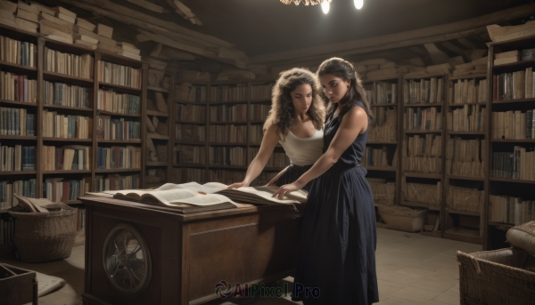 long hair,breasts,multiple girls,blonde hair,brown hair,black hair,dress,2girls,bare shoulders,brown eyes,standing,braid,sleeveless,indoors,black dress,book,hug,sleeveless dress,blue dress,chair,table,curly hair,open book,bookshelf,basket,tiles,library,smile,cleavage,jewelry,earrings,yuri,lamp