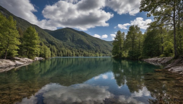 outdoors,sky,day,cloud,water,tree,blue sky,no humans,cloudy sky,grass,nature,scenery,forest,reflection,mountain,river,landscape,lake,reflective water