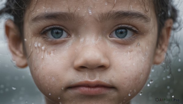 1girl, solo, looking at viewer, blue eyes, black hair, 1boy, closed mouth, male focus, blurry, lips, wet, eyelashes, portrait, close-up, water drop, realistic, nose, wet hair