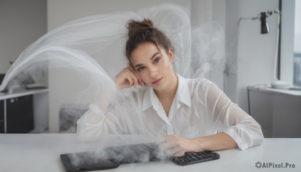 1girl,solo,looking at viewer,smile,blue eyes,brown hair,shirt,long sleeves,closed mouth,white shirt,upper body,collared shirt,indoors,hair bun,blurry,lips,wet,head tilt,see-through,dress shirt,blurry background,phone,single hair bun,wet clothes,smoke,head rest,realistic,controller,wet shirt,remote control,table,steam,fog