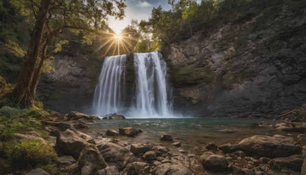 outdoors, sky, day, cloud, water, tree, no humans, sunlight, nature, scenery, forest, rock, mountain, sun, river, waterfall, cliff